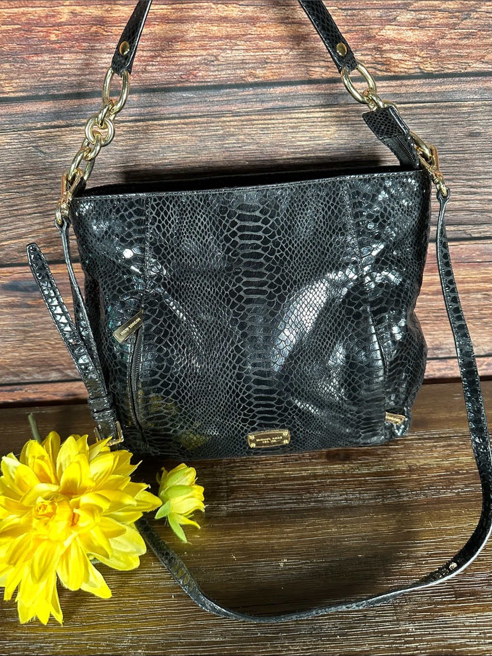 Michael Kors Black Snakeskin-Embossed Crossbody Bag with Gold Hardware - Picture 1 of 7